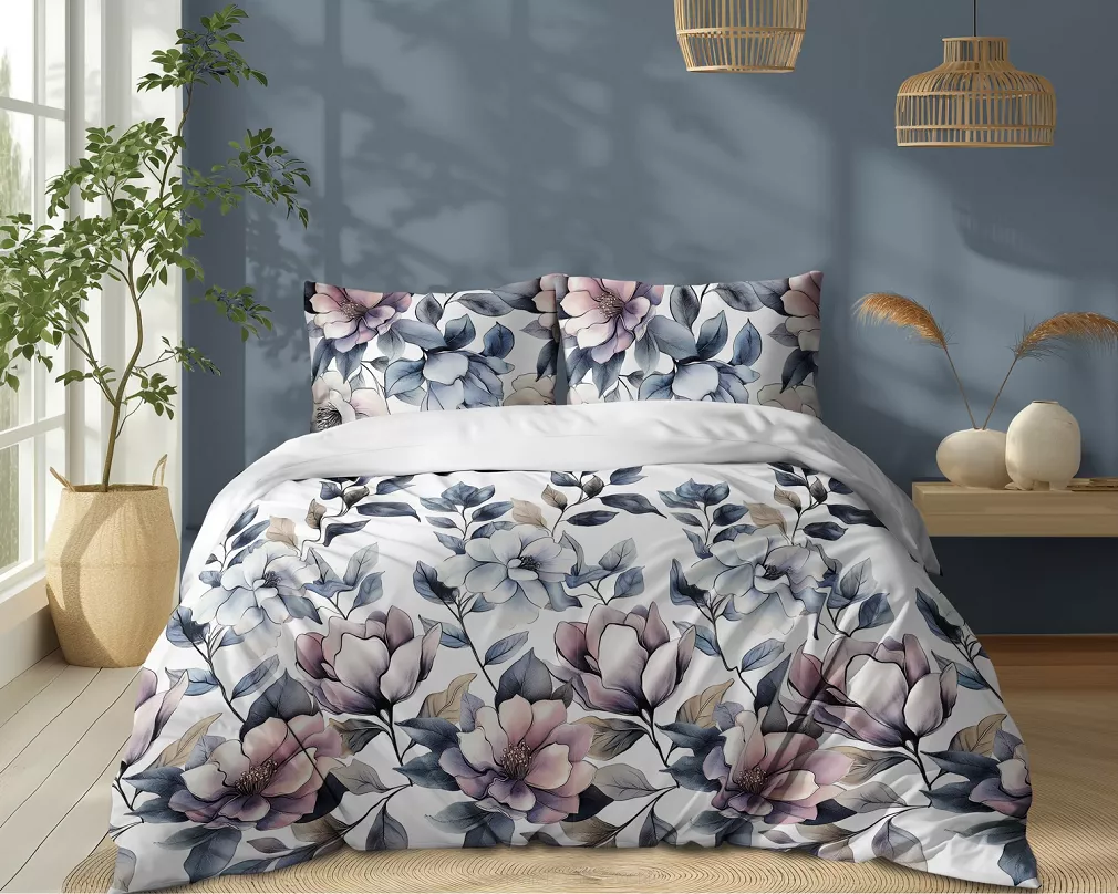 Pościel bawełniana 220x200 Detexpol biała granatowa pudrowa magnolie