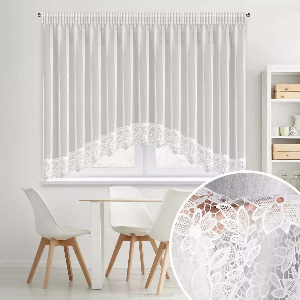 Firana gotowa na taśmie ARTEMIDA 400x160 Eurofirany biała z etaminy kwiatowa aplikacja łuk na dole