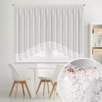 Firana gotowa na taśmie ARTEMIDA 400x160 Eurofirany biała z etaminy kwiatowa aplikacja łuk na dole