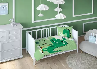 Pościel bawełniana 100x135 wielokolorowa zielony dinozaur na hulajnodze