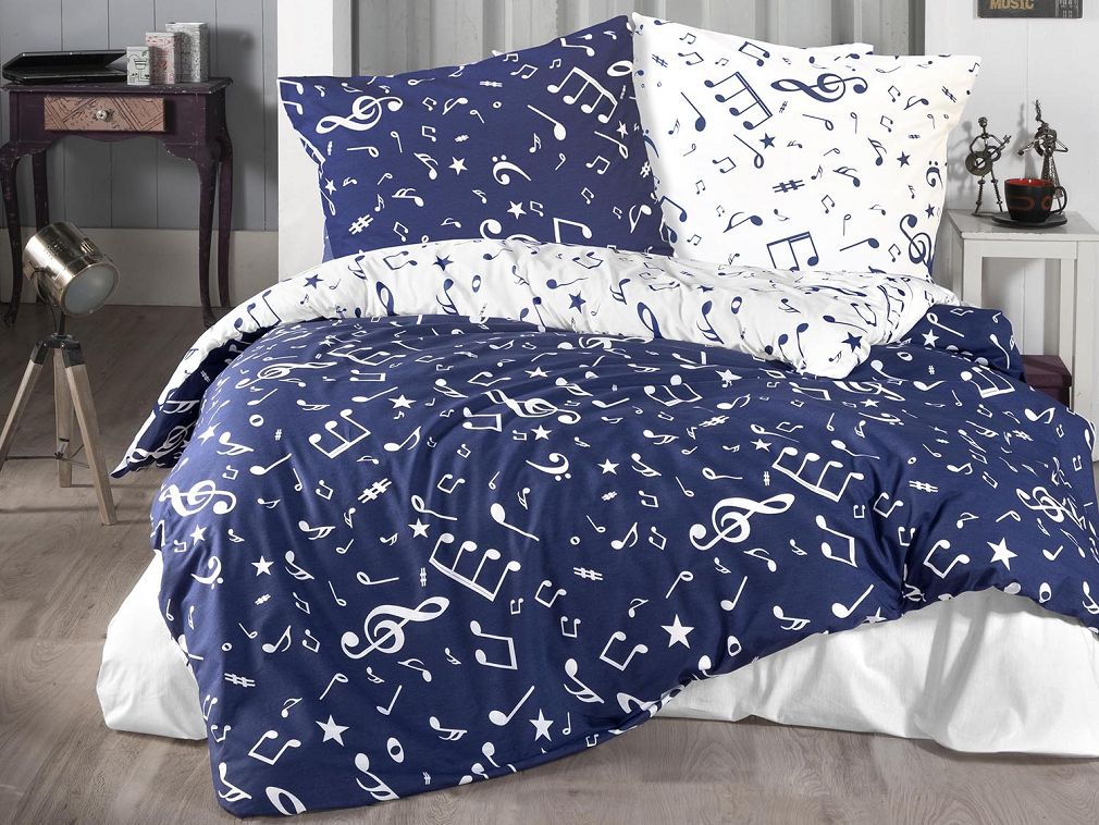 Pościel bawełniana MAJOR NAVY BLUE 200x220 COTTONLOVE EXCLUSIVE biała granatowa wzór muzyczny