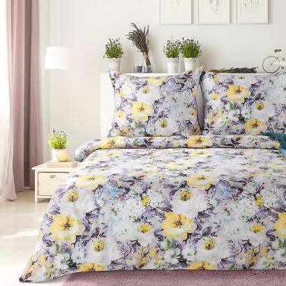 Pościel welwetowa 200x220 Eurofirany żółta fioletowa biała kwiaty