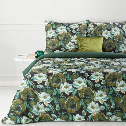 Pościel bawełniana SONIA 200x220 Eurofirany czarna oliwkowa miętowa kwiaty lotosu