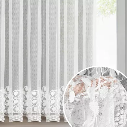 Firana gotowa na taśmie INGA 350x250 biała zdobiona w połowie i na dole haftem i aplikacją 3D