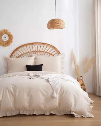 Pościel satyna bawełniana 220x200 Ruffy Premium jasnobeżowa z falbanką