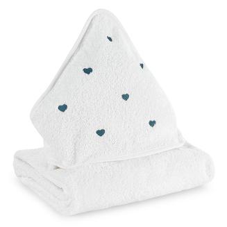 Ręcznik kąpielowy z kapturkiem 100x100 serduszka biały niebieski