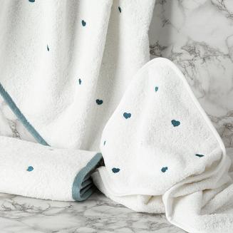 Ręcznik kąpielowy z kapturkiem 100x100 serduszka biały niebieski