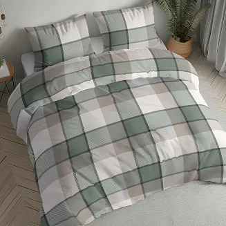 Pościel flanelowa 220x200 beżowa zielona biała prążkowana kratka