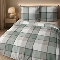 Pościel flanelowa 220x200 beżowa zielona biała prążkowana kratka