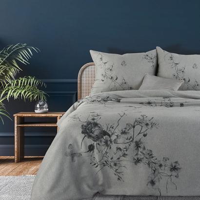 Pościel bawełniana PALERMO-3 Terra Collection 200x220 Eurofirany jasnoszara żakardowa z kwiatowym na