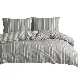 Pościel bawełniana DOKYA 220x200 NATURAL Darymex ecru, szare, zielone paski