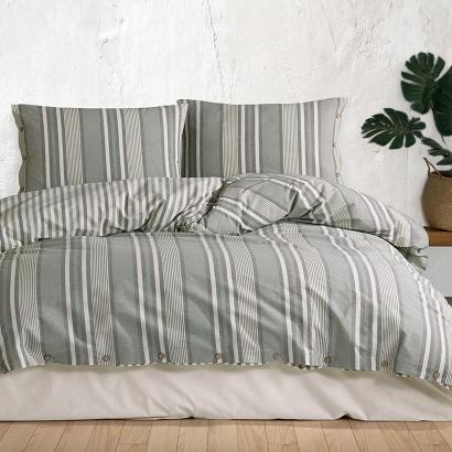 Pościel bawełniana DOKYA 220x200 NATURAL ecru szara zielona paski drewniane guziki
