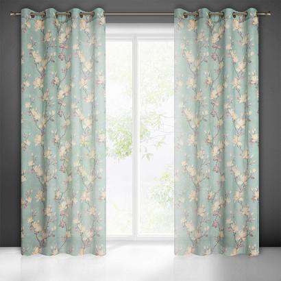 Zasłona gotowa na przelotkach LUNA 140x250 Eurofirany miętowa różowa kwiaty magnolie