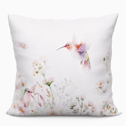 Poszewka dekoracyjna POLINA 40x40 welwetowa biała różowa kolibry kwiaty