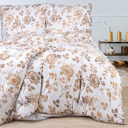 Pościel jersey 160x200 JERSEYLOVE biała beżowa kwiaty róże