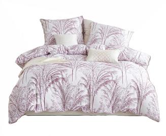 Pościel satyna bawełniana VINTAGE 220x200 biała różowa pudrowa nadruk palmowy gaj lamówka biza