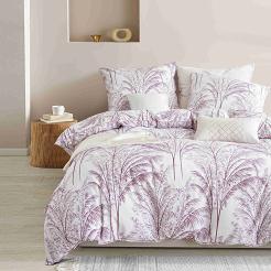Pościel satyna bawełniana VINTAGE 220x200 biała różowa pudrowa nadruk palmowy gaj lamówka biza