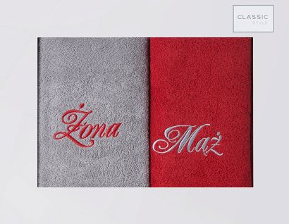 Komplet ręczników 2 szt. 50x90 Eurofirany MĄŻ ŻONA czerwony popielaty