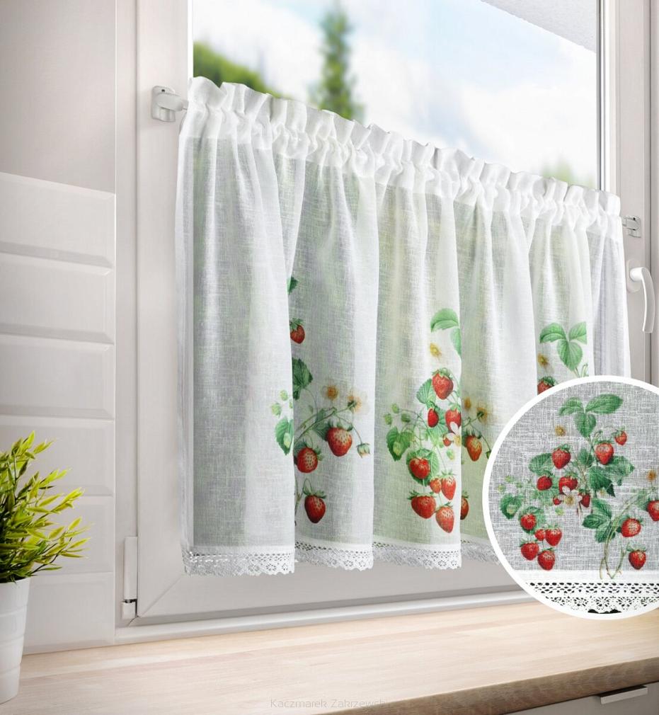 Zazdrostka firana gotowa na tunel KSENIA 150x60 Eurofirany biała zielona czerwona w truskawki