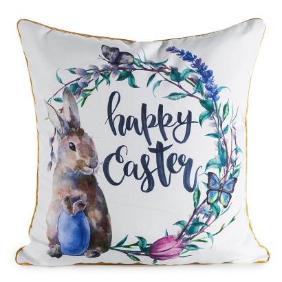 Poszewka dekoracyjna wielkanocna WIOSNA 45x45 biała z kolorowym wiankiem i zajączkiem
