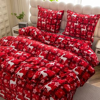 Pościel polarowa XmasCozy 220x200 welur świąteczna czerwona biała krata renifery