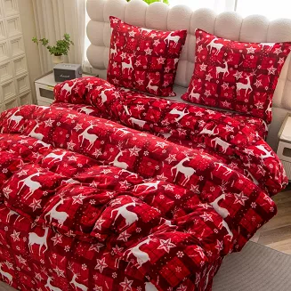 Pościel polarowa XmasCozy 220x200 welur świąteczna czerwona biała krata renifery