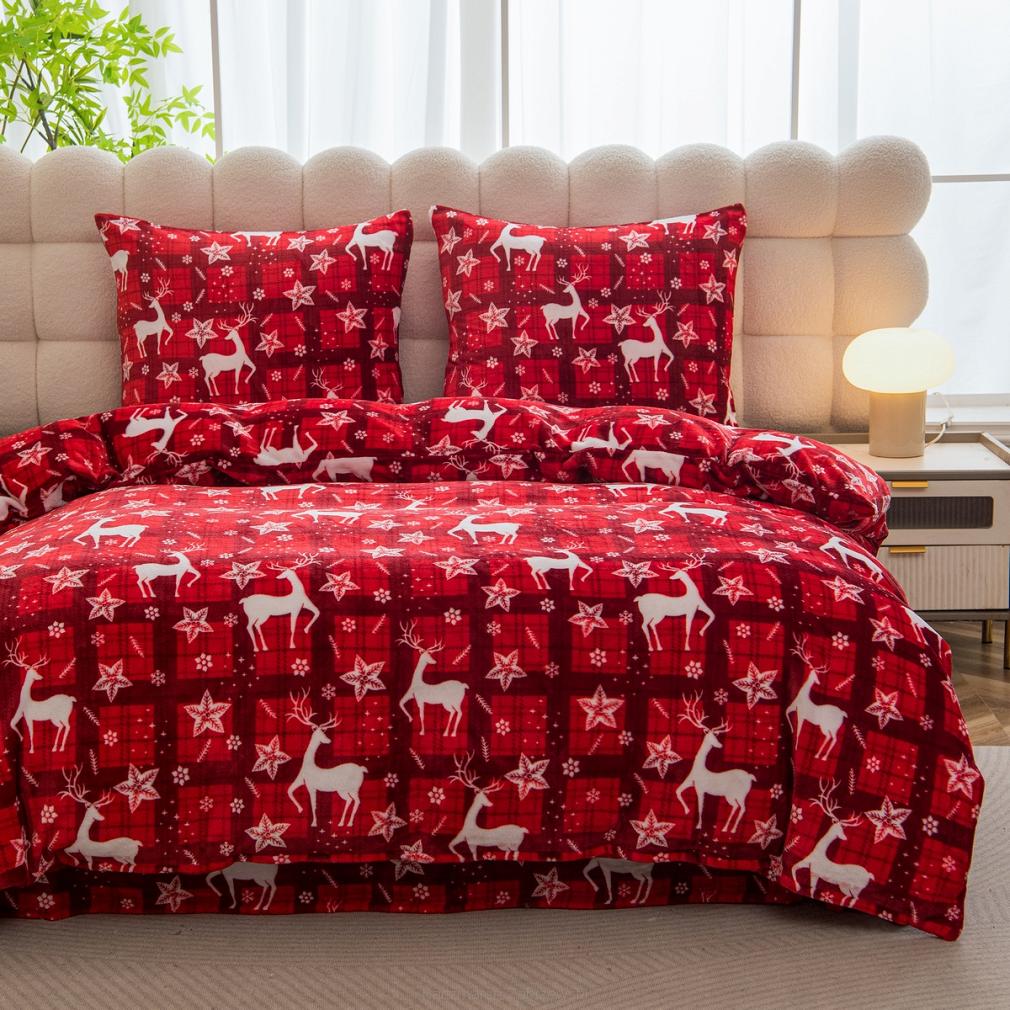 Pościel polarowa XmasCozy 220x200 welur świąteczna czerwona biała krata renifery