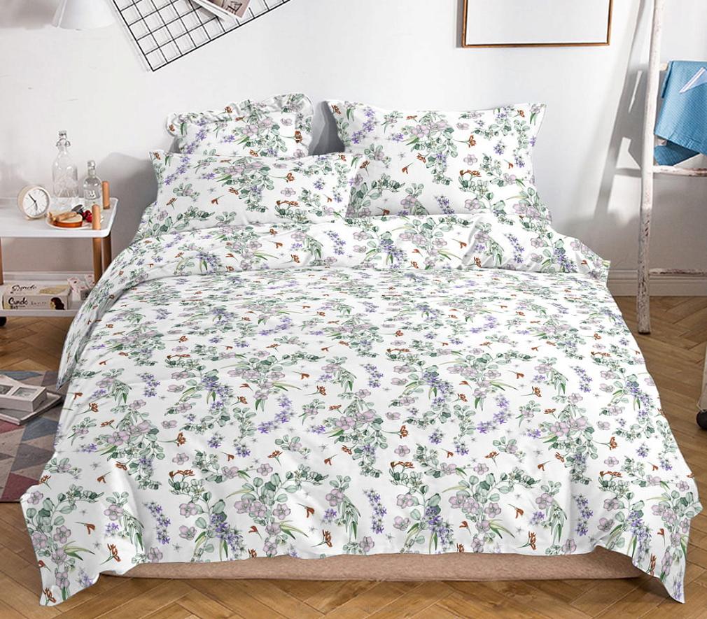 Pościel satynowa 160x200 biała zielona wrzosowa pastelowa łąka