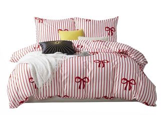 Pościel świąteczna Xmass Bow 140x200 biała czerwone paski kokardy