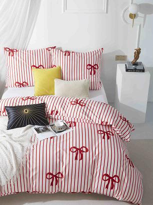 Pościel świąteczna Xmass Bow 140x200 biała czerwone paski kokardy