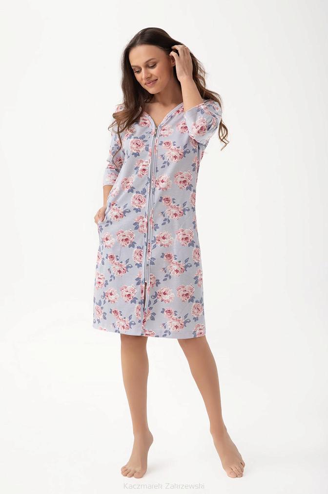 Szlafrok damski LUNA kod 390 szaroniebieski w róże