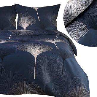 Pościel satyna bawełniana SATYNLOVE 160x200 ciemnoniebieska w liście miłorzębu