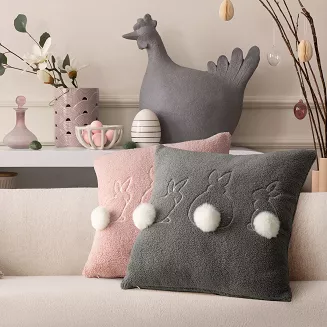 Poszewka dekoracyjna WIOSNA 30x50 Eurofirany różowa pudrowa biała haftowane zające pompony