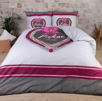 Pościel bawełniana 160x200 PANELOVE biała różowa szara serce kokarda paski