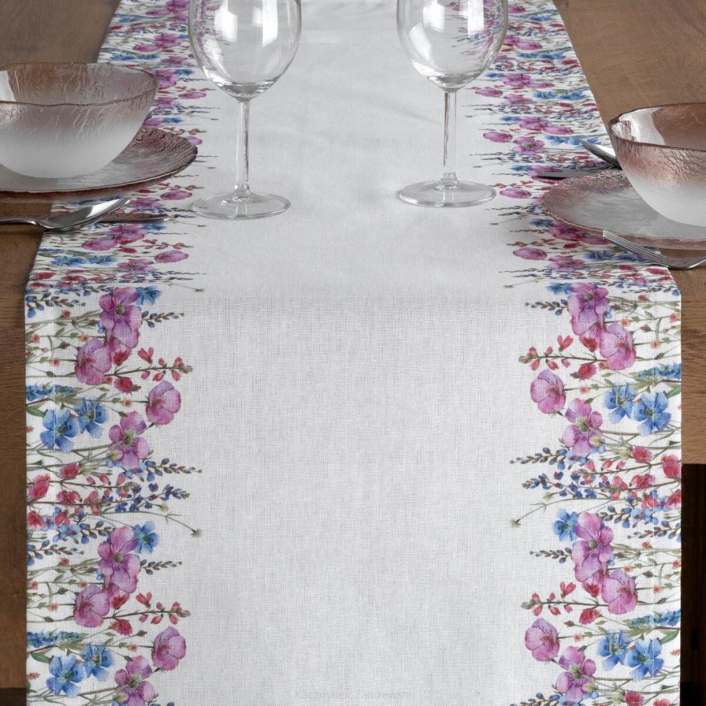 Bieżnik dekoracyjny wodoodporny RUBY 40x140 Eurofirany biały różowy kwiaty letnia łąka