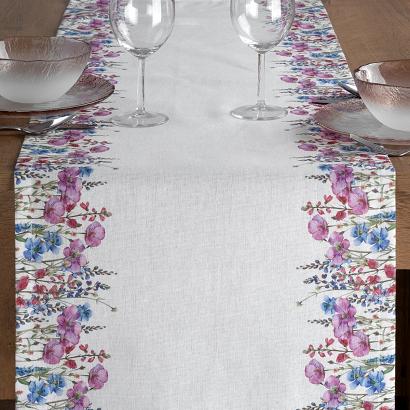 Bieżnik dekoracyjny wodoodporny RUBY 40x140 Eurofirany biały różowy kwiaty letnia łąka