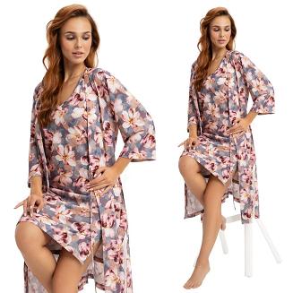 Szlafrok damska LUNA kod 370 różowy szary w kwiaty irysy