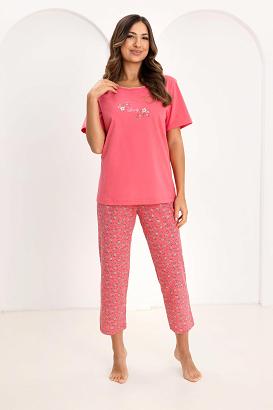 Piżama damska REGINA kod 736 koralowy róż spodnie w kwiatuszki