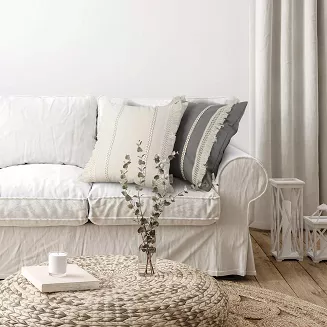 Poszewka dekoracyjna BOHO 45x45 Eurofirany szara zdobiona frędzlami i warkoczami