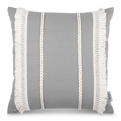 Poszewka dekoracyjna BOHO 45x45 Eurofirany szara zdobiona frędzlami i warkoczami