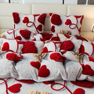 Pościel polarowa 220x200 welur szara marmurkowa czerwone beżowe tkane serca