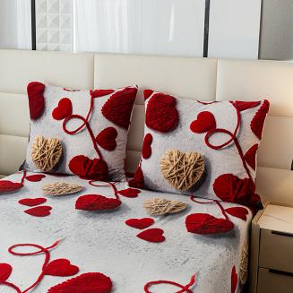 Pościel polarowa 220x200 welur szara marmurkowa czerwone beżowe tkane serca