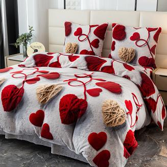 Pościel polarowa 220x200 welur szara marmurkowa czerwone beżowe tkane serca