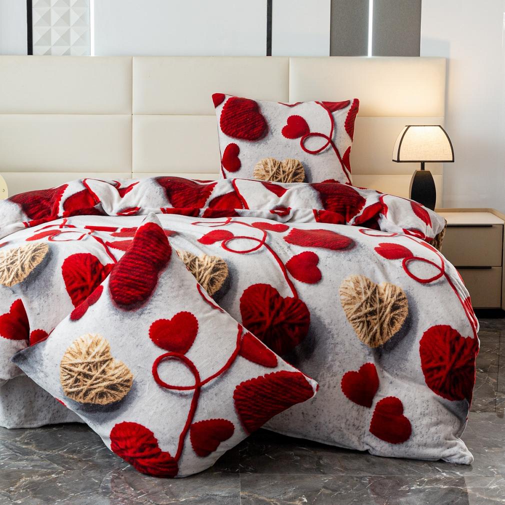 Pościel polarowa 220x200 welur szara marmurkowa czerwone beżowe tkane serca