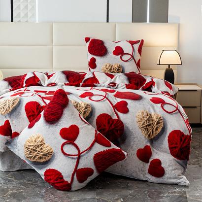 Pościel polarowa 220x200 welur szara marmurkowa czerwone beżowe tkane serca