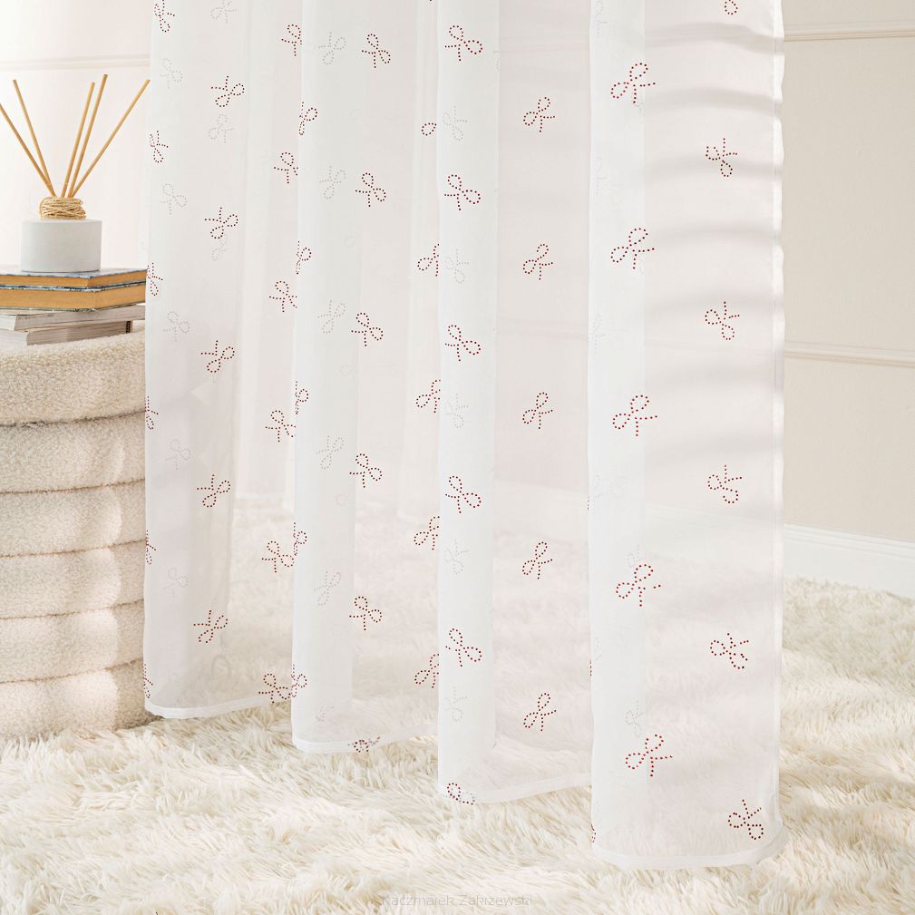 RIBBON Firana gotowa na woalu w diamentowe kokardki na taśmie z ołowianką szer.140 x wys.250cm kolor