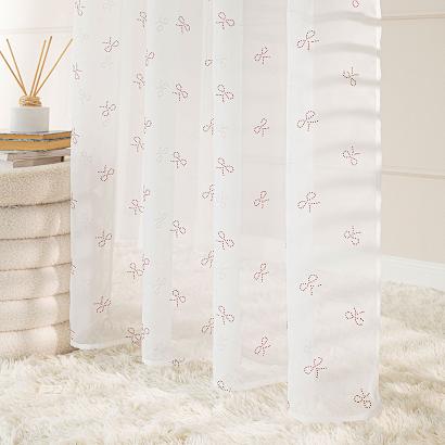 Firana gotowa na taśmie z ołowianką KOKARDKA 140x250 biała na woalu diamentowe czerwone kokardki