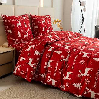 Pościel świąteczna 160x200 czerwona biała renifery choinki śnieżynki