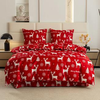 Pościel świąteczna 160x200 czerwona biała renifery choinki śnieżynki
