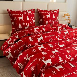 Pościel świąteczna 160x200 czerwona biała renifery choinki śnieżynki